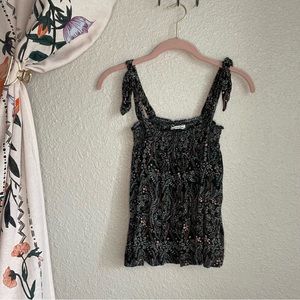 American Eagle Black w/ Pastel Florals Flowy Tank, Adjustable Tie Straps Size S
